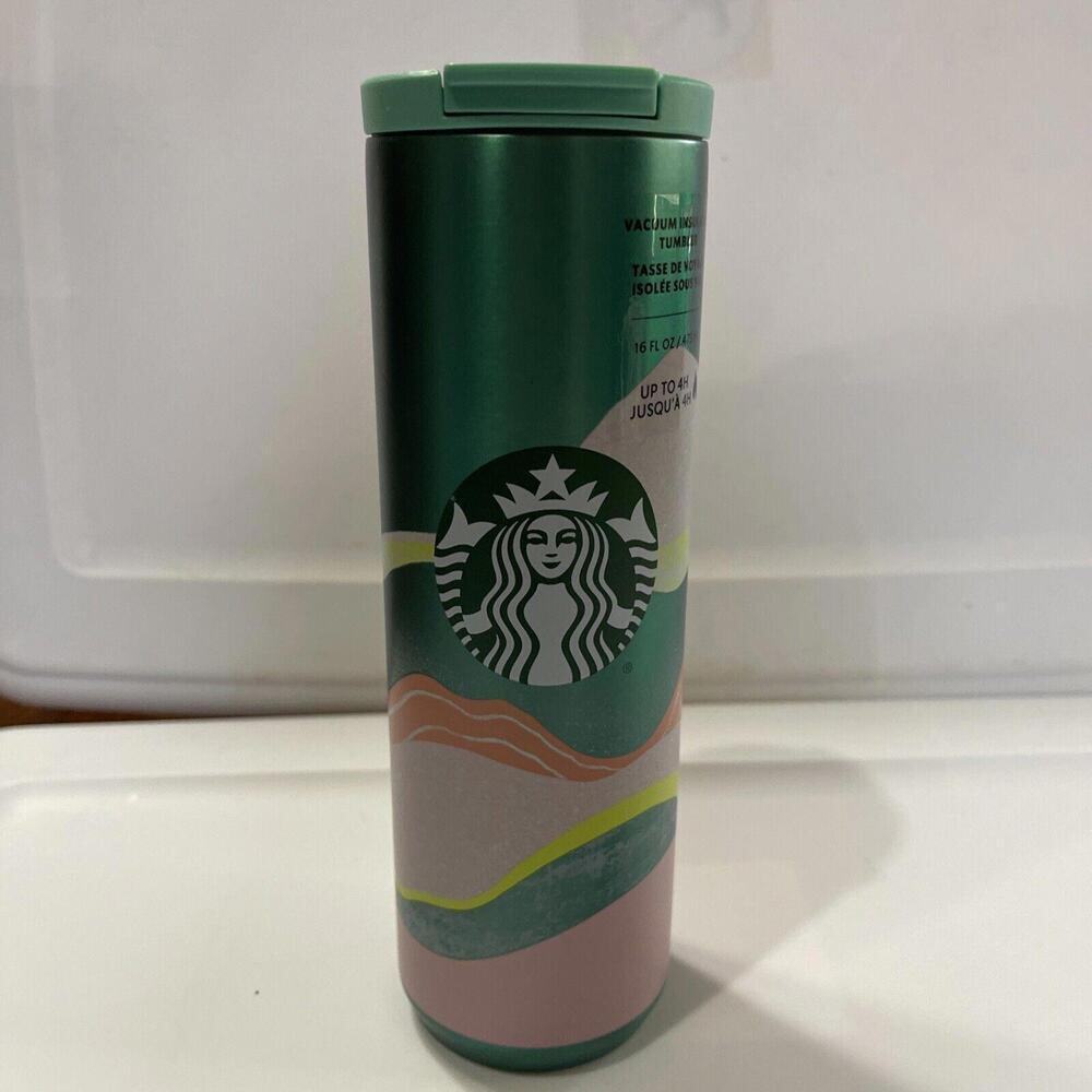 Starbucks Green Coral Desert Sands Wavy Wave Stainless Steel Tumbler Mug 16 oz - Picture 1 of 7